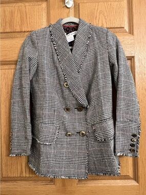 Gretchen Scott Fray Fancy-Plaid Blazer In Black & White Tweed Shrimp Size XS NWT